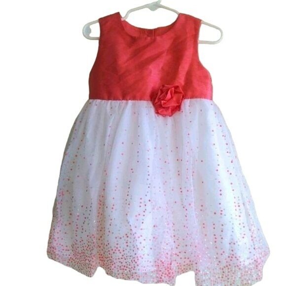 George 3T Girls Party Dress Red Tulle Overlay Sparkle White Rose Accent Bow - Picture 2 of 5